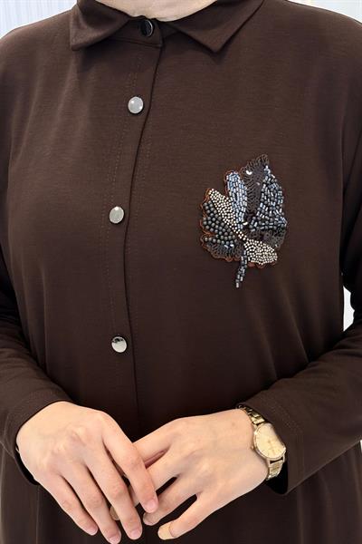 Büyük Beden Taş Yaprak Aplikeli Tunik Pantolon Takım Kahve OTW330