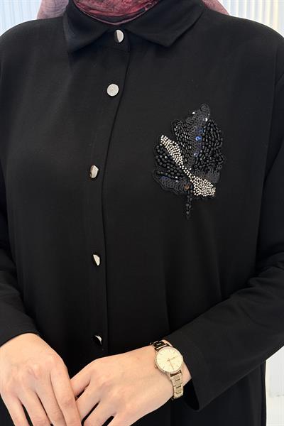 Büyük Beden Taş Yaprak Aplikeli Tunik Pantolon Takım Siyah OTW330