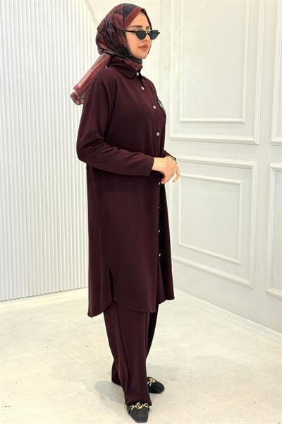 Büyük Beden Taş Yaprak Aplikeli Tunik Pantolon Takım Bordo OTW330
