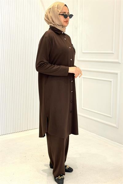 Büyük Beden Taş Yaprak Aplikeli Tunik Pantolon Takım Kahve OTW330