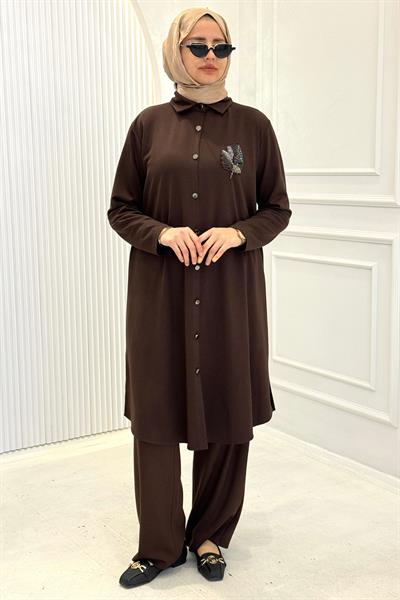 Büyük Beden Taş Yaprak Aplikeli Tunik Pantolon Takım Kahve OTW330