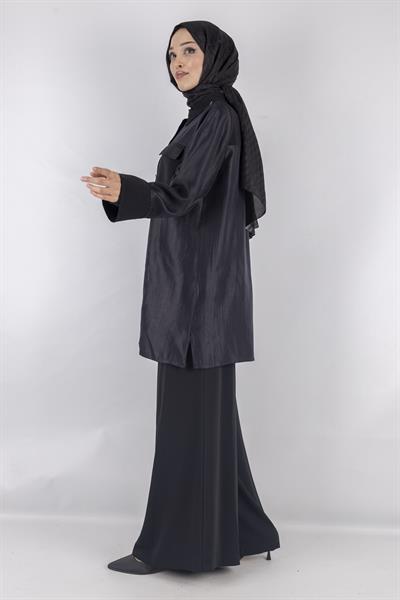 Büyük Beden Tasarım Pantolonlu Takım Siyah OTW1017