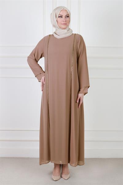 Büyük Beden Taşlı Abiye Elbise Toprak OTW50013