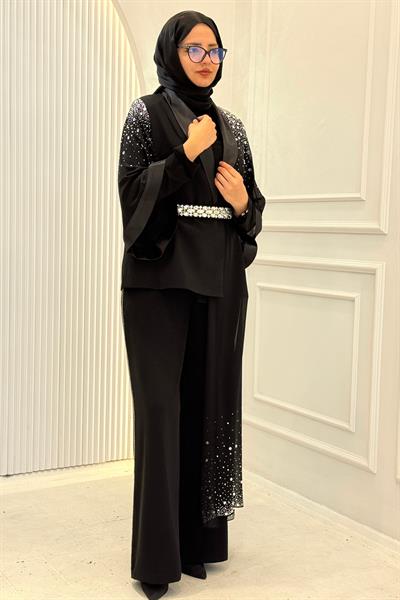 Büyük Beden Taşlı Abiye Takım Siyah OTW46904