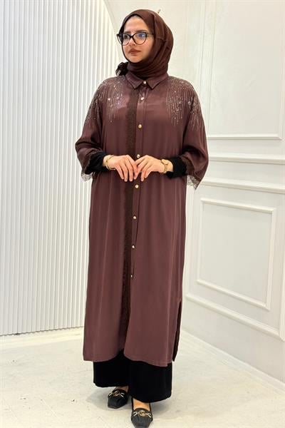 Büyük Beden Taşlı Gömlek Tunik Latte OTW4802-8
