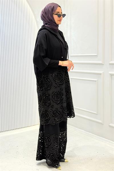 Büyük Beden Taşlı İşlemeli Ceketli Pnatolonlu Takım Siyah OTW1231