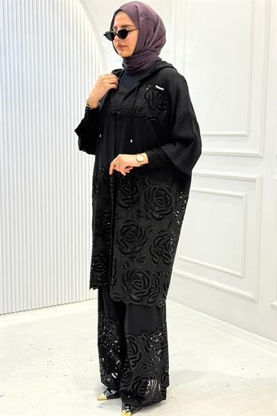 Büyük Beden Taşlı İşlemeli Ceketli Pnatolonlu Takım Siyah OTW1231