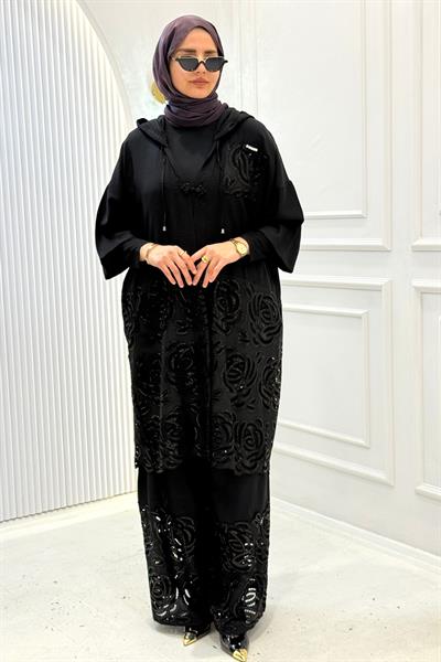 Büyük Beden Taşlı İşlemeli Ceketli Pnatolonlu Takım Siyah OTW1231