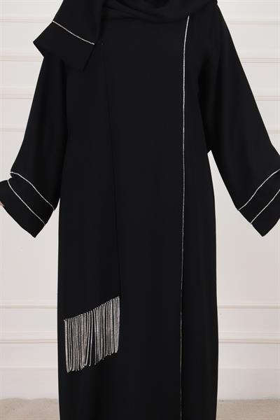 Büyük Beden Taşlı Kruvaze Abaya Siyah OTW65007