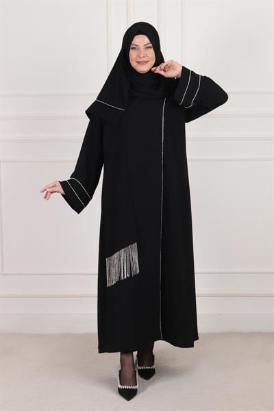 Büyük Beden Taşlı Kruvaze Abaya Siyah OTW65007