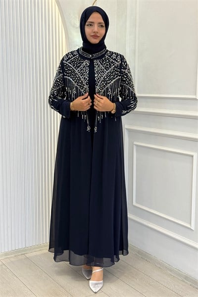 Büyük Beden Taşlı Şifon Tesettür Abaya Takım Lacivert OTW702