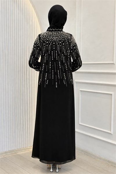 Büyük Beden Taşlı Şifon Tesettür Abaya Takım Siyah OTW702