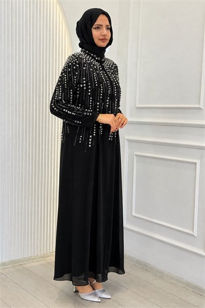 Büyük Beden Taşlı Şifon Tesettür Abaya Takım Siyah OTW702