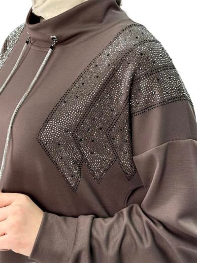 Büyük Beden Taşlı Tunik Kahve OTW2116