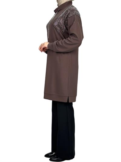 Büyük Beden Taşlı Tunik Kahve OTW2116