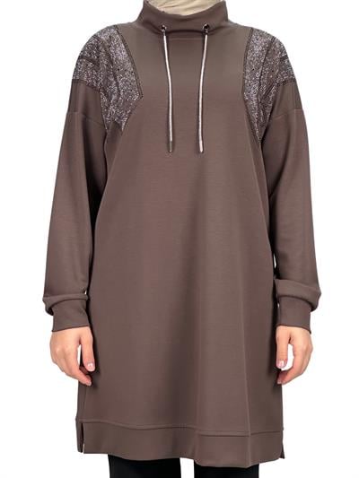 Büyük Beden Taşlı Tunik Kahve OTW2116