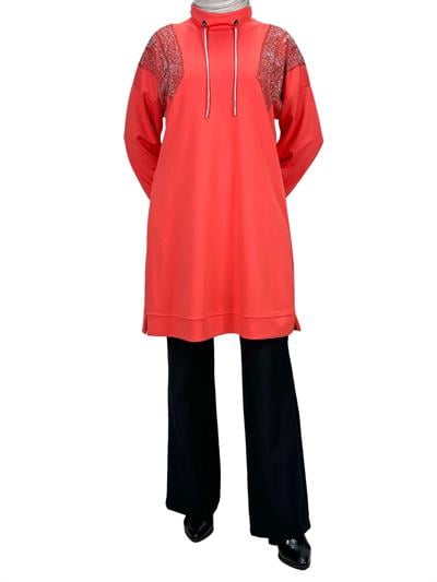 Büyük Beden Taşlı Tunik Nar Çiçeği OTW2116