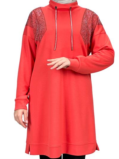 Büyük Beden Taşlı Tunik Nar Çiçeği OTW2116