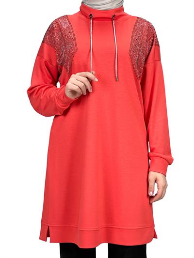 Büyük Beden Taşlı Tunik Nar Çiçeği OTW2116