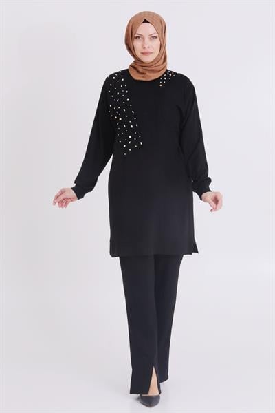 Büyük Beden Taşlı Tunik Siyah OTW20114