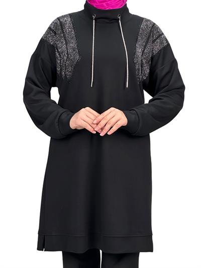 Büyük Beden Taşlı Tunik Siyah OTW2116