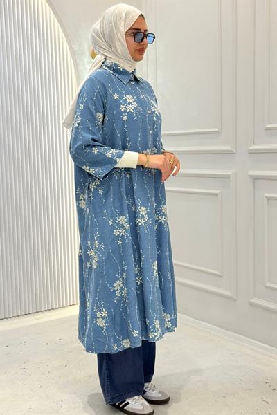 Büyük Beden Tensel Denim Çiçek Desenli Uzun Gömlek Kap Mavi OTW1671