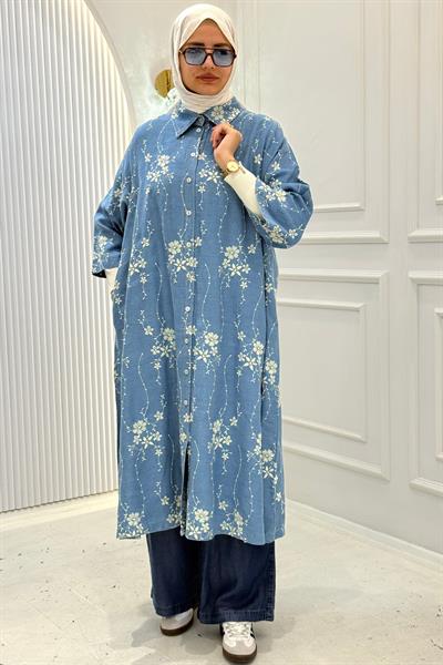 Büyük Beden Tensel Denim Çiçek Desenli Uzun Gömlek Kap Mavi OTW1671