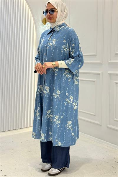 Büyük Beden Tensel Denim Çiçek Desenli Uzun Gömlek Kap Mavi OTW1671