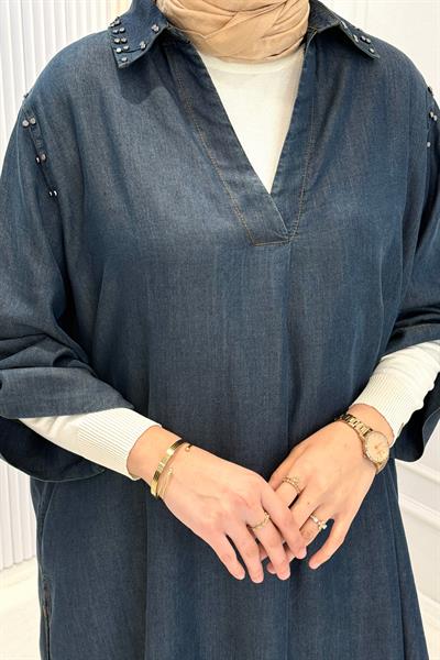 Büyük Beden Tensel Kot Pantolonlu Takım Mavi OTW3983