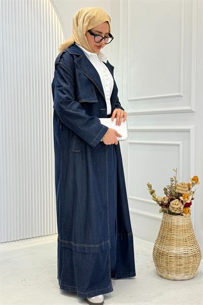Büyük Beden Tensel Kot Tam Boy Trençkot Mavi OTW9504