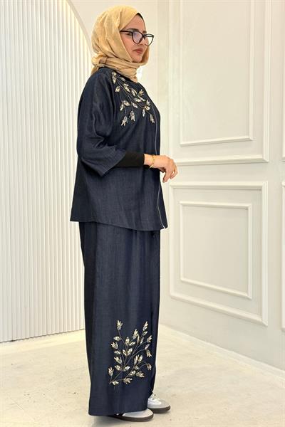 Büyük Beden Tensel Kot Taşlı Tesettür Takım Kot Mavi OTW9630