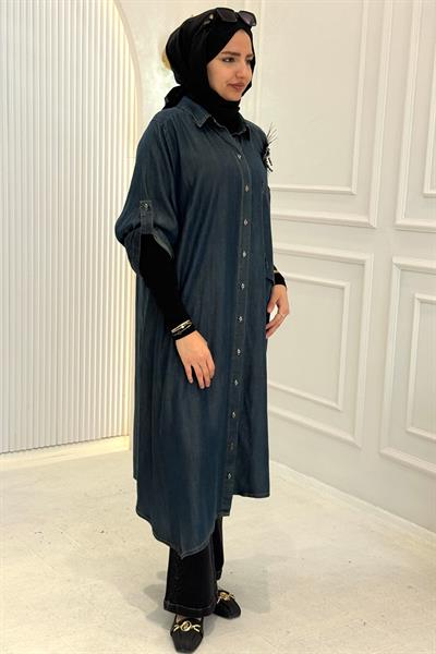 Büyük Beden Tensel Kot Uzun Gömlek Mavi OTW3984