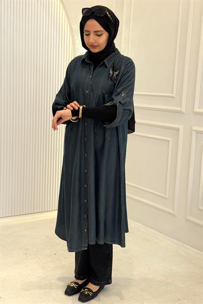 Büyük Beden Tensel Kot Uzun Gömlek Mavi OTW3984