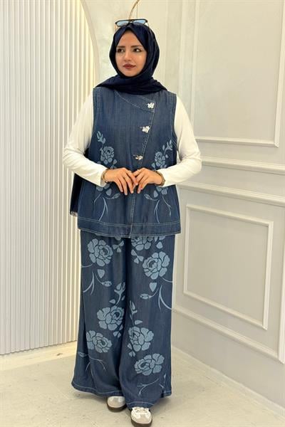 Büyük Beden Tensel Kot Yelek Pantolon Takım Mavi OTW8016