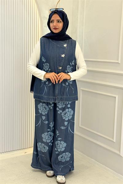 Büyük Beden Tensel Kot Yelek Pantolon Takım Mavi OTW8016