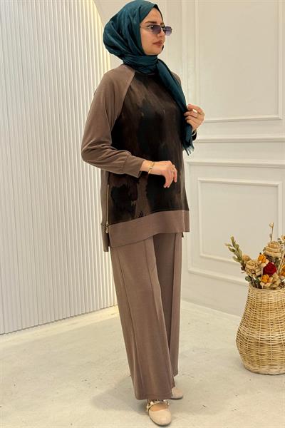 Büyük Beden Tensel Oysho Pantolonlu Takım Kahve OTW3431