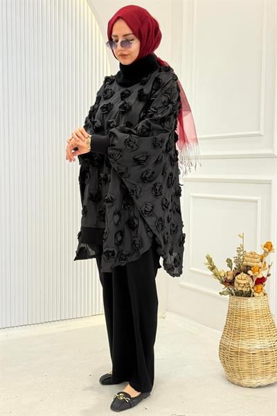 Büyük Beden Tesettür Güllü Tunik Siyah OTW9430