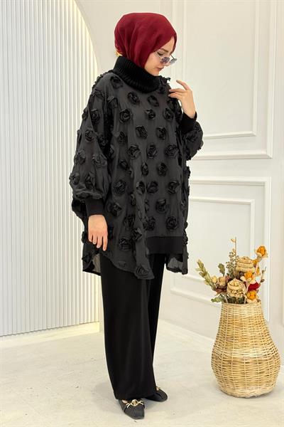 Büyük Beden Tesettür Güllü Tunik Siyah OTW9430