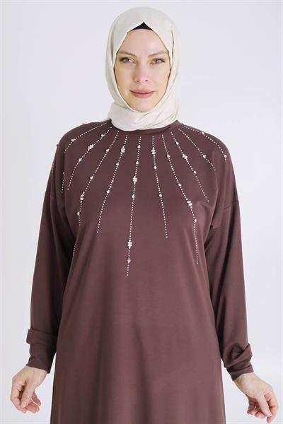 Büyük Beden Tesettür Örme Taşlı Tunik Kahve otw20122
