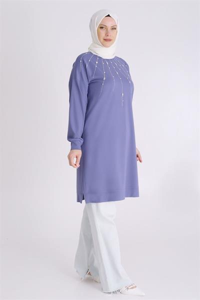 Büyük Beden Tesettür Örme Taşlı Tunik Morcivert otw20122