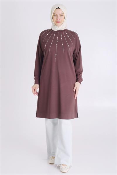 Büyük Beden Tesettür Örme Taşlı Tunik Kahve otw20122