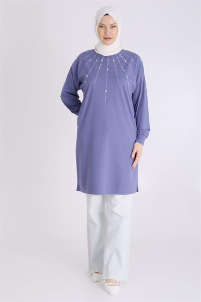 Büyük Beden Tesettür Örme Taşlı Tunik Morcivert otw20122