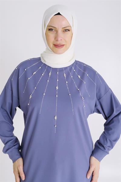 Büyük Beden Tesettür Örme Taşlı Tunik Morcivert otw20122
