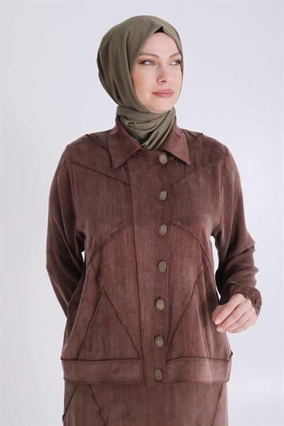 Büyük Beden Tesettür Qupra İpek Etekli Takım Kahve OTW35131