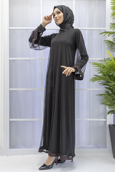 Büyük Beden Tüllü Payetli Elbise Kırmızı OTW7082