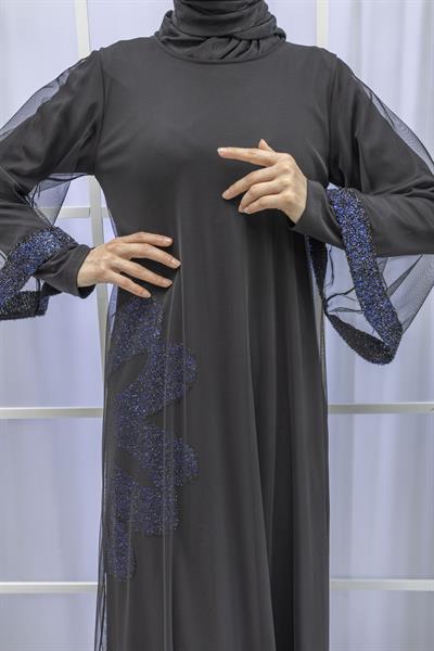 Büyük Beden Tüllü Payetli Elbise Mavi OTW7082