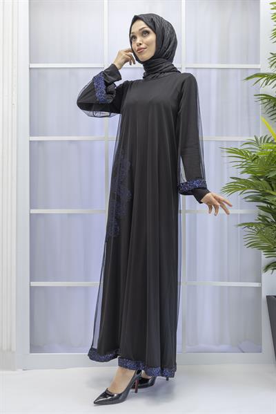 Büyük Beden Tüllü Payetli Elbise Mavi OTW7082