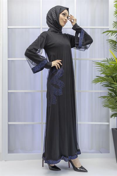 Büyük Beden Tüllü Payetli Elbise Mavi OTW7082