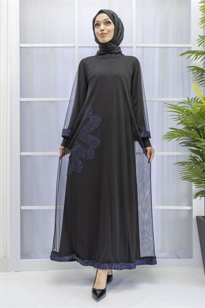 Büyük Beden Tüllü Payetli Elbise Mavi OTW7082