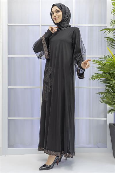 Büyük Beden Tüllü Payetli Elbise Siyah OTW7082